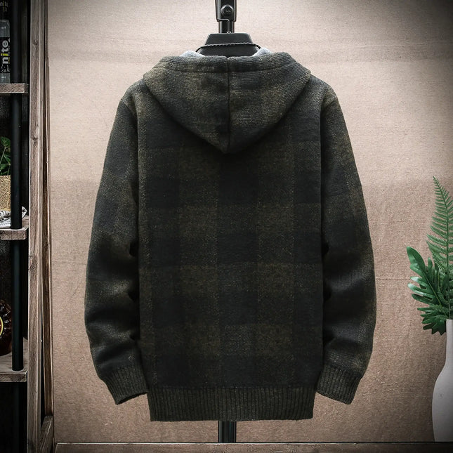Men Winter Plaid Hooded Knit Cardigan Zip Jacket back view