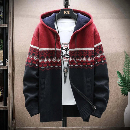 Men Winter Plaid Hooded Knit Cardigan Zip Jacket cold weather wear