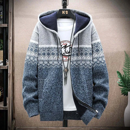 Men Winter Plaid Hooded Knit Cardigan Zip Jacket daily use