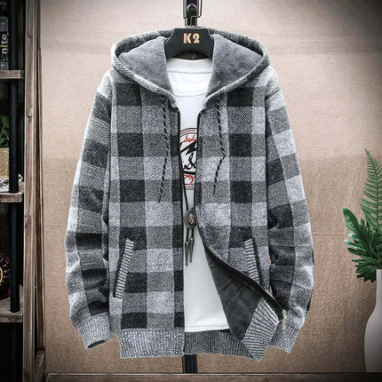 Men Winter Plaid Hooded Knit Cardigan Zip Jacket layered outfit