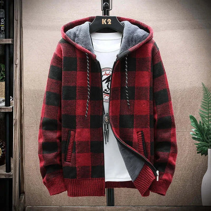 Men Winter Plaid Hooded Knit Cardigan Zip Jacket hood detail
