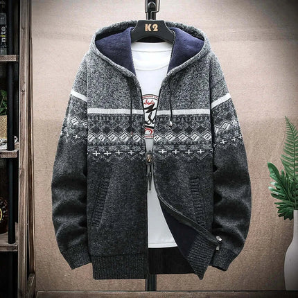 Men Winter Plaid Hooded Knit Cardigan Zip Jacket zipper close-up