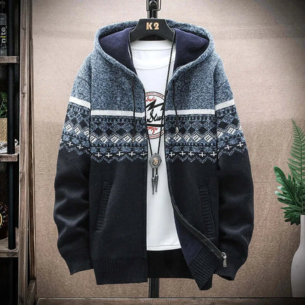 Men Winter Plaid Hooded Knit Cardigan Zip Jacket casual wear