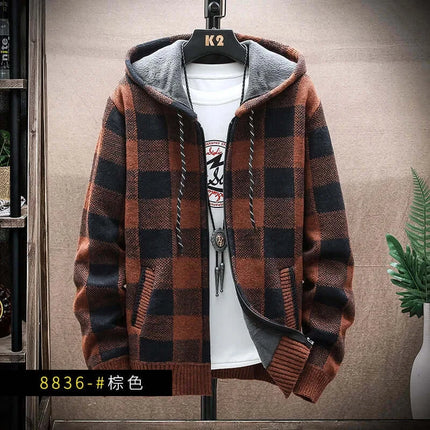 Men Winter Plaid Hooded Knit Cardigan Zip Jacket knit texture