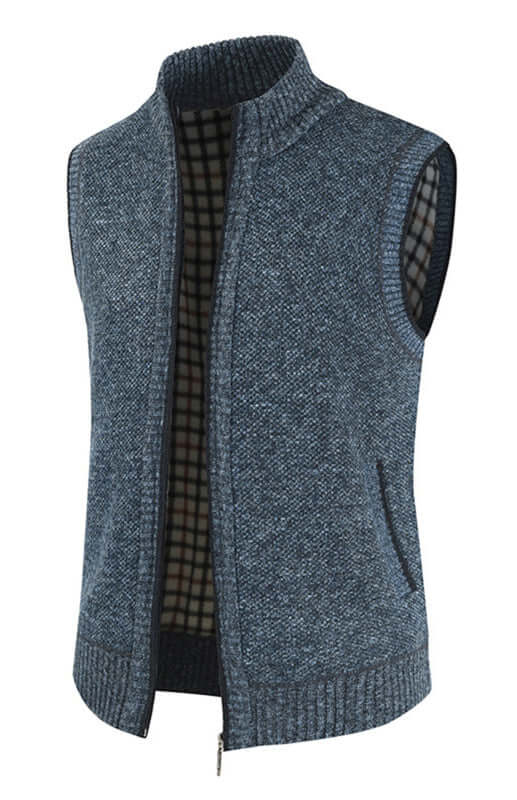 Men Zip Stand Collar Sleeveless Knit Cardigan Vest front view