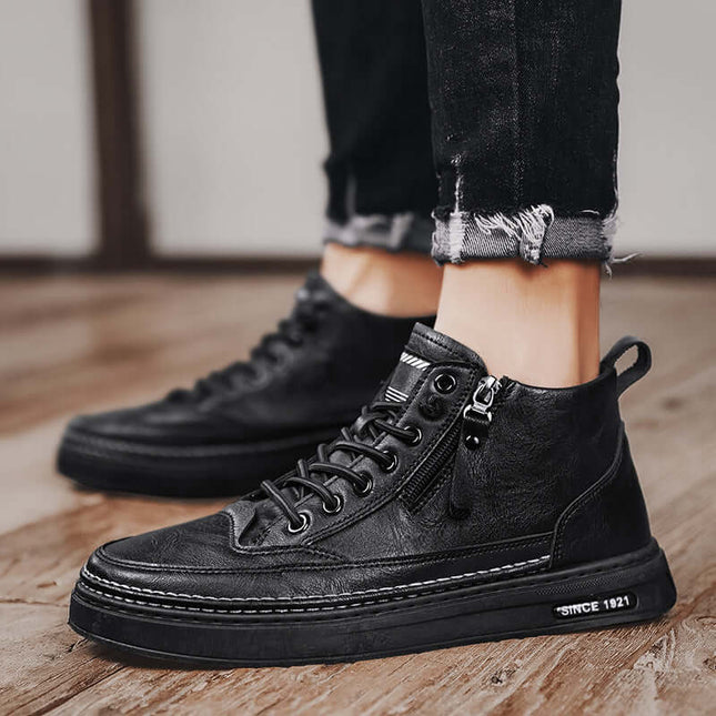 Mens Winter Plush Warm Casual Sports Shoes in stylish black design, featuring a zip and lace-up closure.