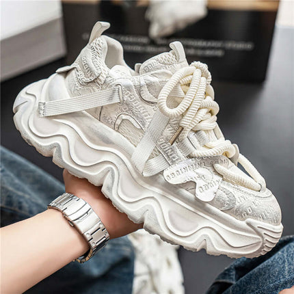Mens Breathable Casual Dad Shoes Korean Style in white with textured design and thick sole, perfect for everyday wear.