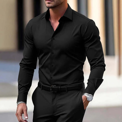 Mens Business Button Down Long Sleeve Vacation Shirt in stylish black, perfect for formal and casual outings.