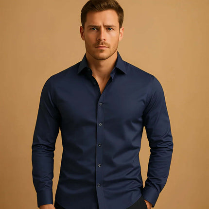 Mens Business Button Down Long Sleeve Vacation Shirt in navy blue on male model, perfect for formal and casual settings.