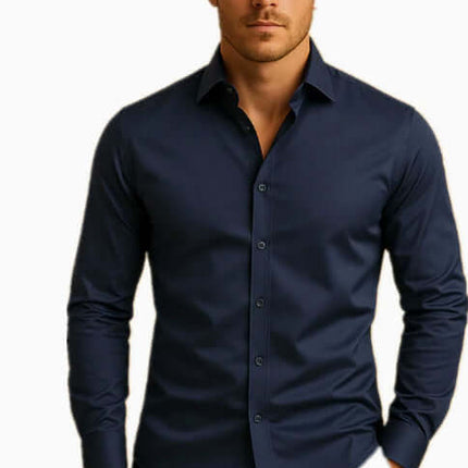 Mens Business Button Down Long Sleeve Vacation Shirt in navy blue color, perfect for casual and professional occasions.