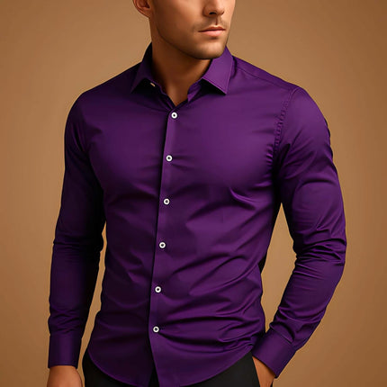 Mens Business Button Down Long Sleeve Vacation Shirt in purple, featuring a fitted design and button closure.