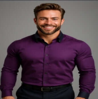 Mens Business Button Down Long Sleeve Vacation Shirt model wearing a purple shirt smiling confidently against a neutral background.