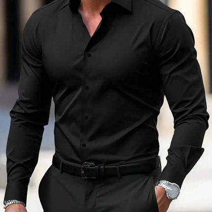 Mens Business Button Down Long Sleeve Vacation Shirt in black, featuring a modern fit and stylish design for formal occasions.