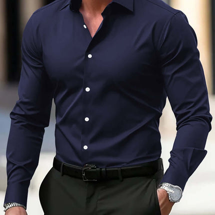 Mens Business Button Down Long Sleeve Vacation Shirt in navy color, featuring a sleek design and stylish fit.