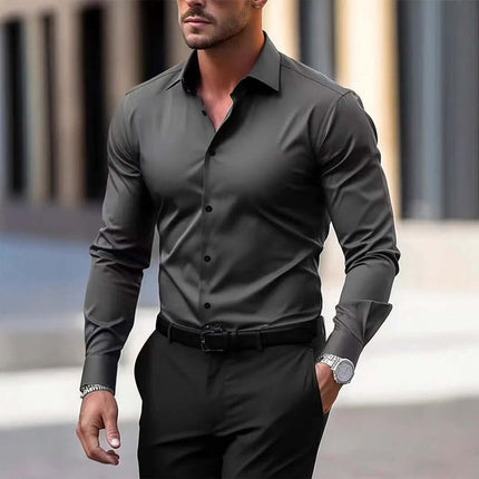 Mens Business Button Down Long Sleeve Vacation Shirt, stylish and elegant, worn by a model in a fashionable urban setting.