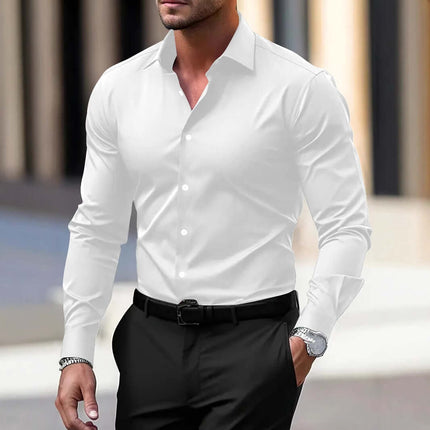 Mens Business Button Down Long Sleeve Vacation Shirt in white on a model with a black belt and watch.