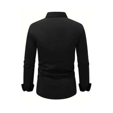 Back view of Mens Business Button Down Long Sleeve Vacation Shirt in black, showcasing its sleek design and fit.