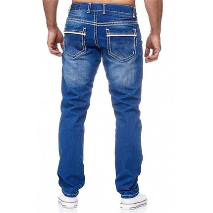 Men's Business Casual Straight Jeans top layout showcasing secure waist single button closure and smooth zipper fly
