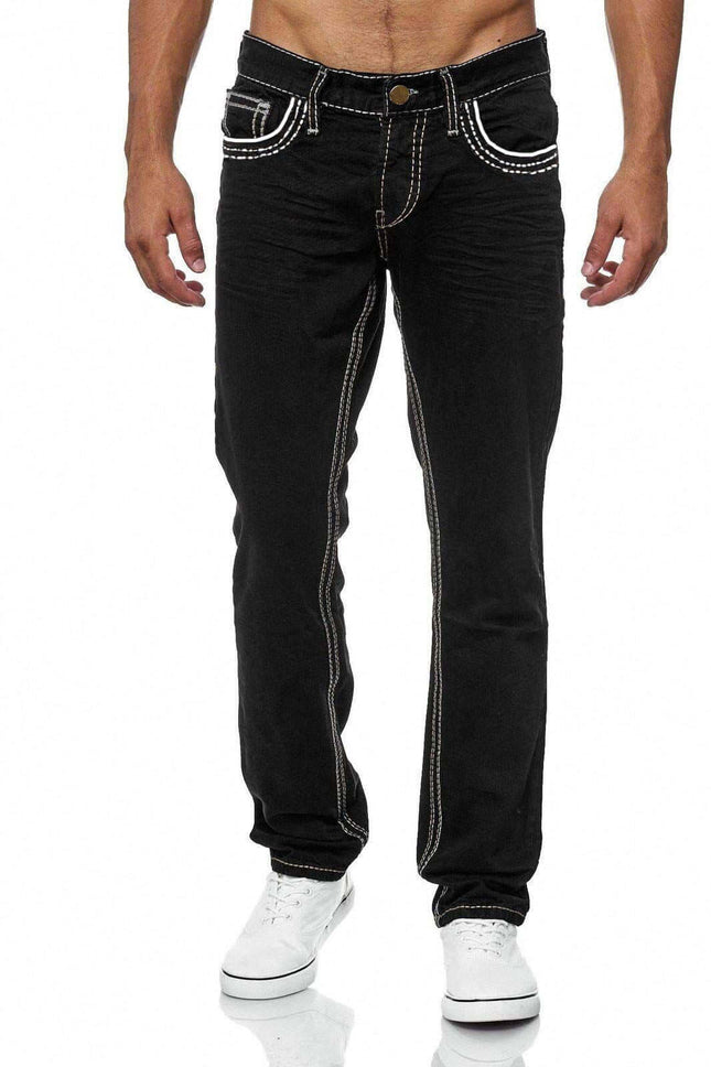 Men's Business Casual Straight Jeans in sleek solid black variant demonstrating neat straight leg tailoring lines