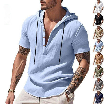 Mens Casual Breathable Linen Hooded Henley Shirt apricot