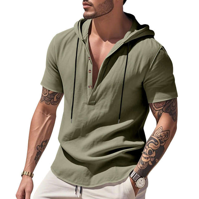 Mens Casual Breathable Linen Hooded Henley Shirt black