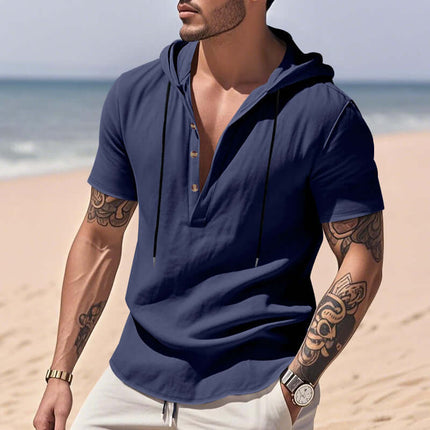 Mens Casual Breathable Linen Hooded Henley Shirt regular thickness fabric
