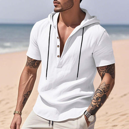 Mens Casual Breathable Linen Hooded Henley Shirt size chart guide