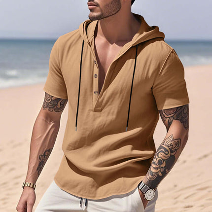 Mens Casual Breathable Linen Hooded Henley Shirt breathable spring fashion