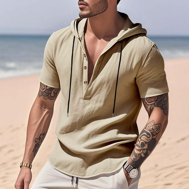 Mens Casual Breathable Linen Hooded Henley Shirt white summer wear