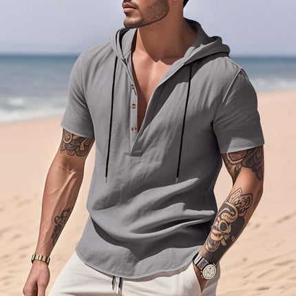 Mens Casual Breathable Linen Hooded Henley Shirt hooded henley neck