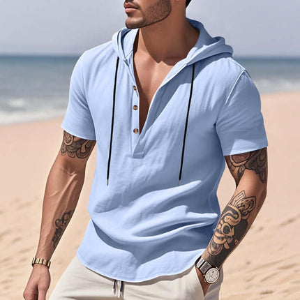 Mens Casual Breathable Linen Hooded Henley Shirt navy blue