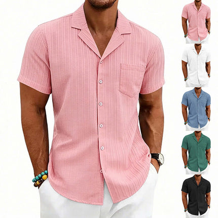 Men's Casual Cuban Neck Short Sleeve Shirt in pink with pocket and button-up design, available in various colors.