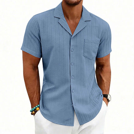 Men's Casual Cuban Neck Short Sleeve Shirt in light blue with short sleeves and a button-up front