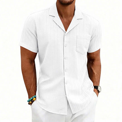 Men's Casual Cuban Neck Short Sleeve Shirt displayed on a model wearing a white striped short sleeve shirt.