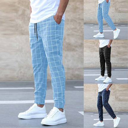 Mens Casual Drawstring Straight Leg Plaid Pants