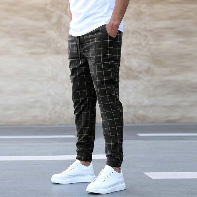 Mens Casual Drawstring Straight Leg Plaid Pants Stylish Plaid Pattern