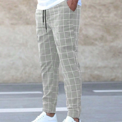 Mens Casual Drawstring Straight Leg Plaid Pants Adjustable Drawstring Waist