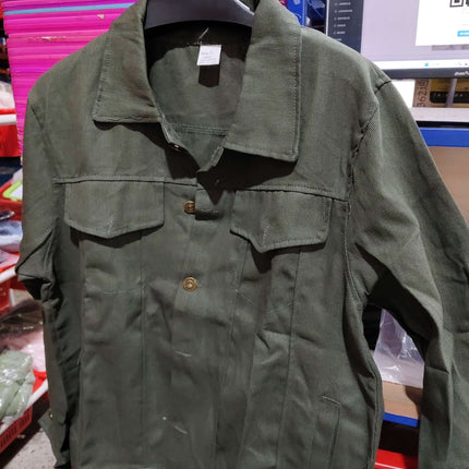 Mens Slim Fit Denim Lapel Jacket Casual Fashion in green hanging on display