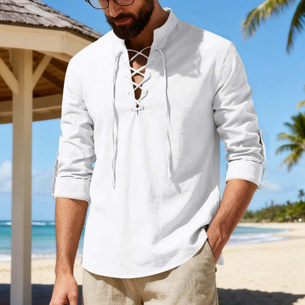 Men's Casual Long Sleeve Linen Henley Shirt Classic Everyday Style