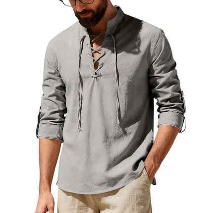 Men's Casual Long Sleeve Linen Henley Shirt Soft Natural Fabric