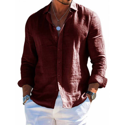Mens Casual Loose Long Sleeve Button Down Shirt in maroon color, styled with white pants and accessories.