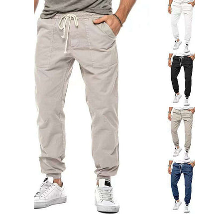 Men's Casual Loose Tapered Jogger Trousers highlighting the elastic mid waist zone with integrated drawstring no fly detail