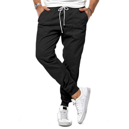 Men's Casual Loose Tapered Jogger Trousers side angle shot capturing deep secure slash side pockets for leisure items