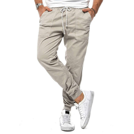 Men's Casual Loose Tapered Jogger Trousers in clean white color option displaying lightweight ordinary thickness material texture