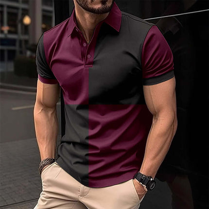 Mens Casual Sports Color Stitching Turnover Polo pink and gray