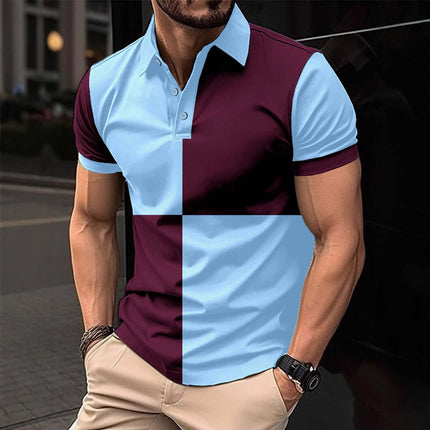 Mens Casual Sports Color Stitching Turnover Polo dark khaki and black