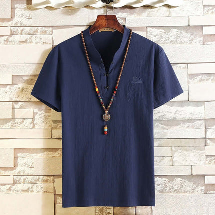Mens Chinese Style Cotton Linen Summer Hanfu T Shirt front view