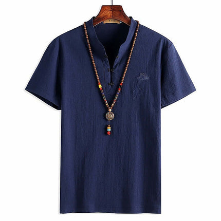 Mens Chinese Style Cotton Linen Summer Hanfu T Shirt retro pan button detail