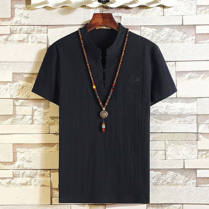 Mens Chinese Style Cotton Linen Summer Hanfu T Shirt oriental embroidery stitching