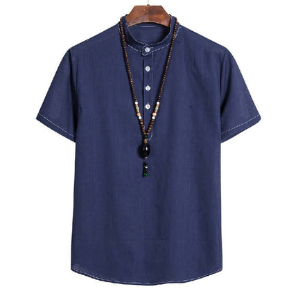 Mens Chinese Style Cotton Linen Summer Hanfu T Shirt breathable cotton linen texture